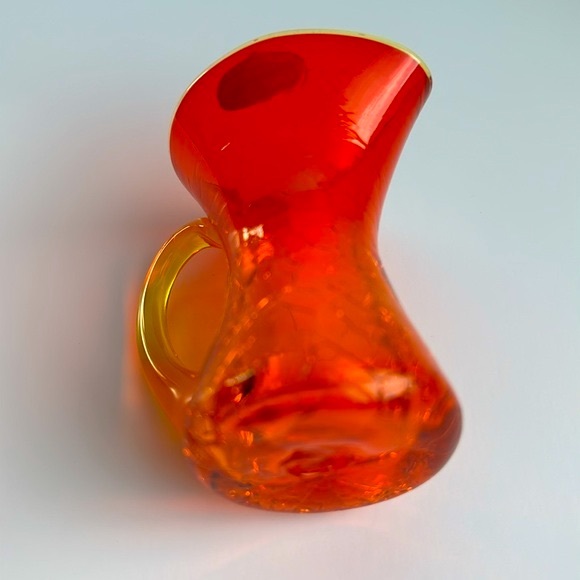 VTG Rainbow Art Glass Hand Blown Mini Crackle Glass Pitcher Orange & Yellow 3”H - Picture 3 of 8
